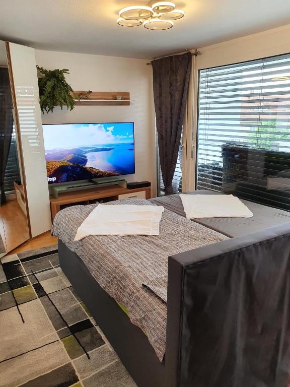 a bedroom with a bed and a flat screen tv at Exklusivwohnung Leipzig Flughafen in Landsberg