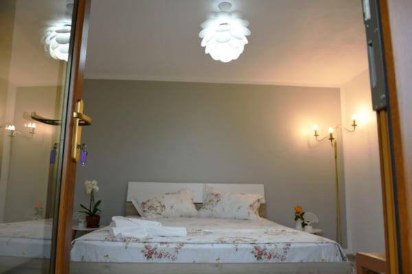 een slaapkamer met een groot bed en een spiegel bij CASA DIN SAT in Eşelniţa