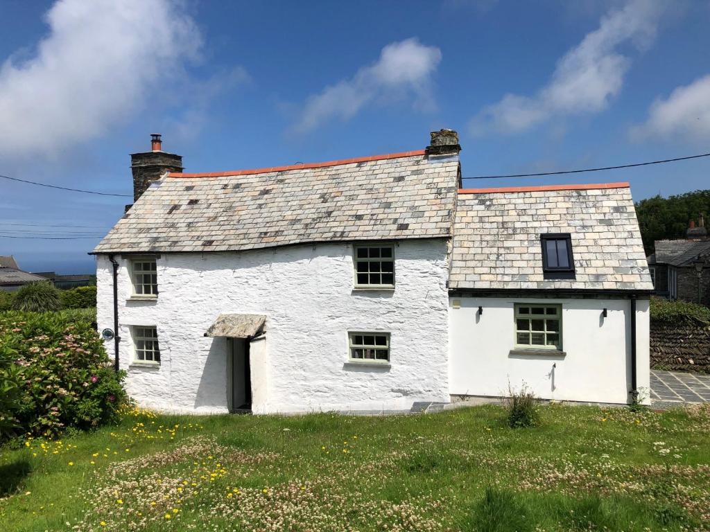 a white house with a roof on a field at Picture perfect cottage in rural Tintagel in Tintagel