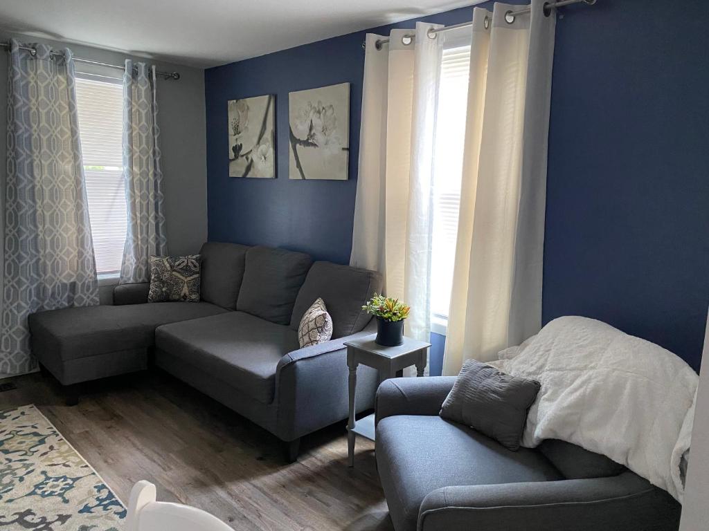 ein blaues Wohnzimmer mit einem Sofa und einem Stuhl in der Unterkunft Cozy One Bedroom House in Adrian