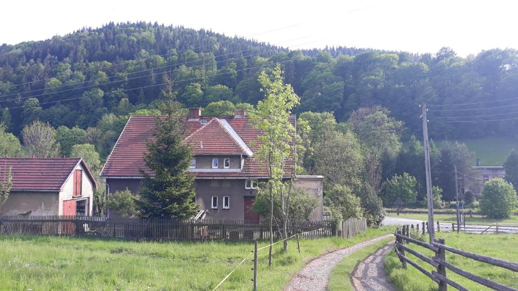 a house in the middle of a field with a fence at Świerkowe Przysiółki in Sośnina