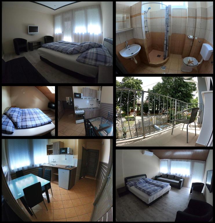 a collage of four pictures of a hotel room at Dami Apartman in Hajdúszoboszló