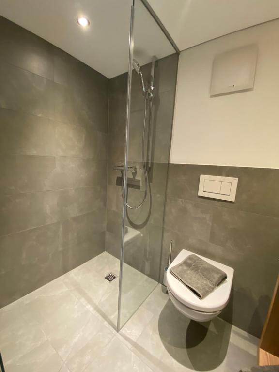 a bathroom with a toilet and a glass shower at Gasthaus Sulzfluh in Schruns