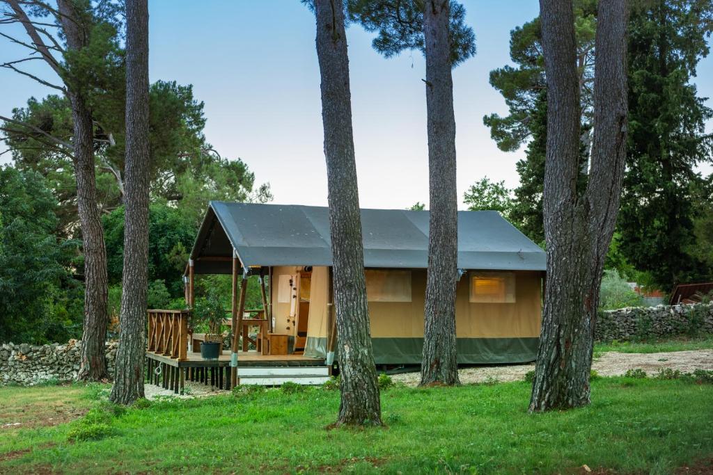 una casa con un techo verde en medio de árboles en Glamping tent Bor en Barban