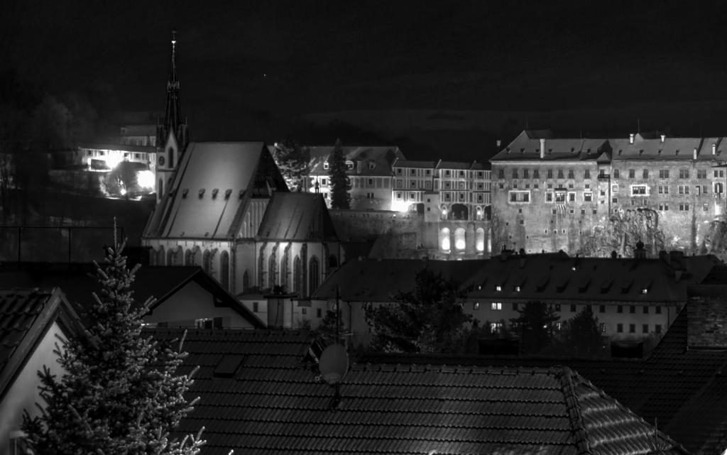 a black and white photo of a city at night at Achilla Bed & Breakfast in Český Krumlov