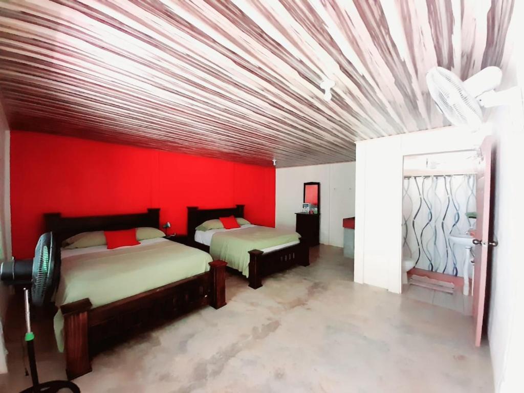 1 dormitorio con 2 camas y pared roja en Hostel Osa Tucan Drake, en Drake