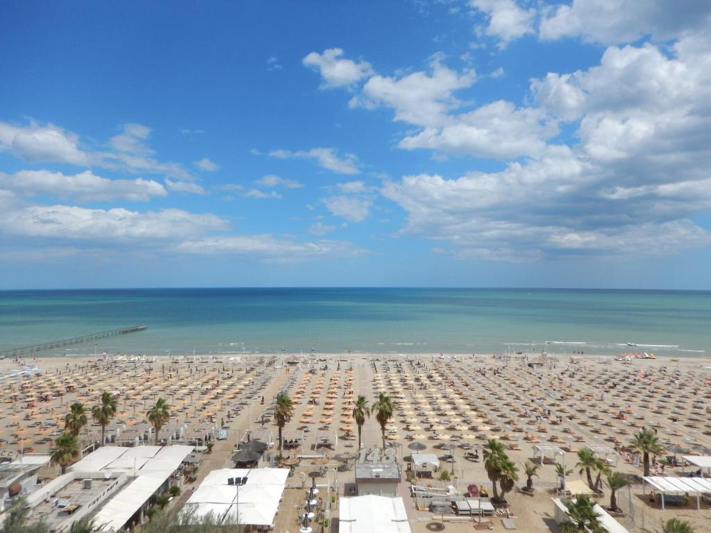a view of a beach with palm trees and the ocean at Hotel Giannini in Rimini