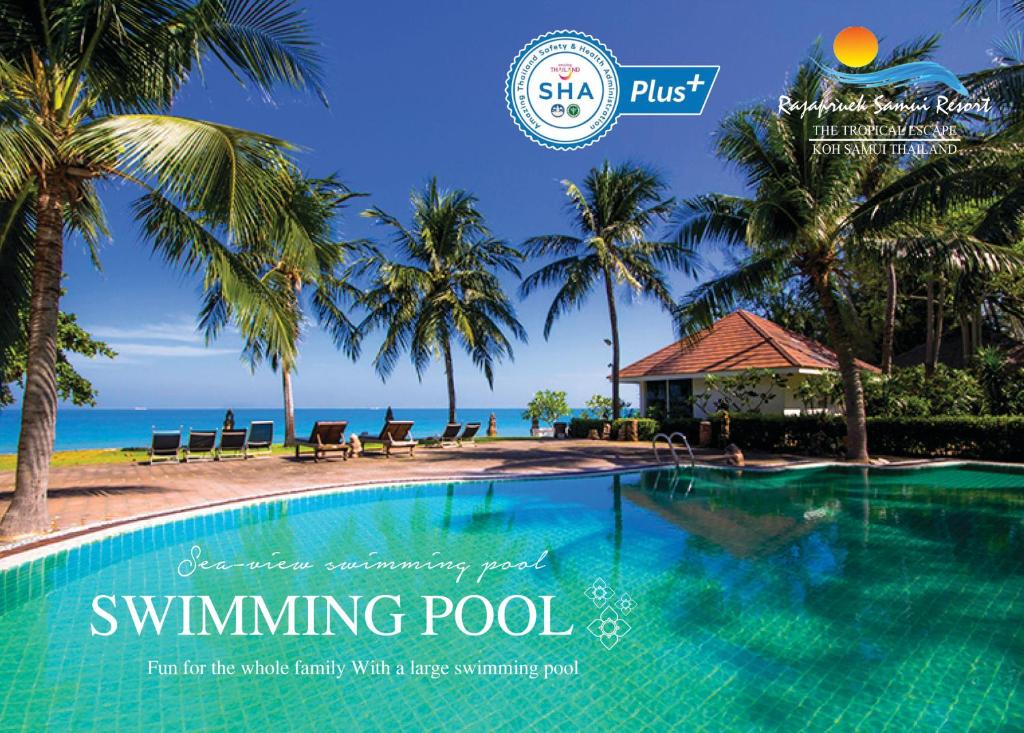 uma capa de revista de uma piscina com palmeiras em Rajapruek Samui Resort - SHA Plus em Lipa Noi