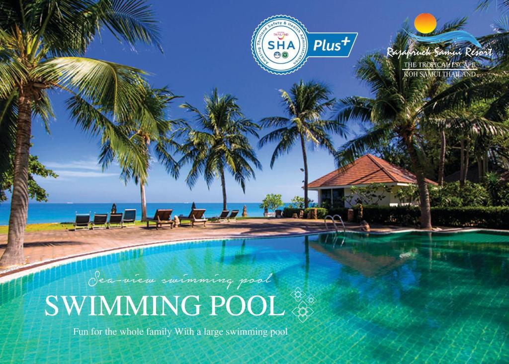 a magazine cover of a swimming pool with palm trees at Rajapruek Samui Resort - SHA Plus in Lipa Noi