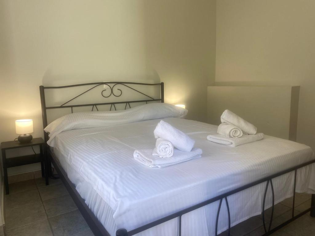 um quarto com uma cama com duas toalhas em Stergios Apartment Evdilos Ikaria em Evdilos