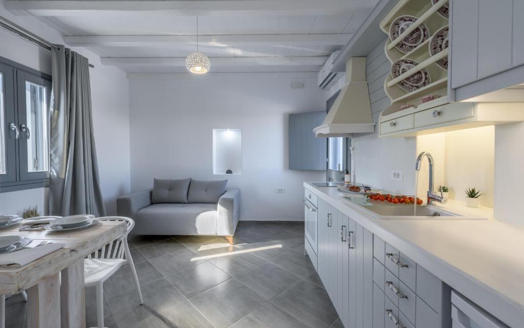 cocina y sala de estar con sofá y mesa en Zeus Suite en Triovasálos