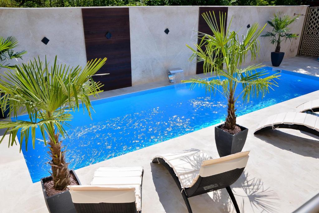 a swimming pool with two chairs and two palm trees at Boutique Damiani in Sibiu