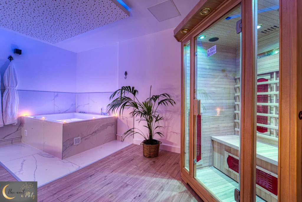 uma casa de banho cor-de-rosa com uma banheira e um vaso de plantas em Spa et Sauna au coeur de Metz (unenuitametz) em Metz