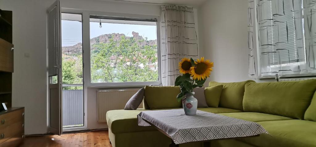 Fortress View Apartment في بيلوغرادتشيك: غرفة معيشة مع أريكة خضراء و مزهرية مع عباد الشمس