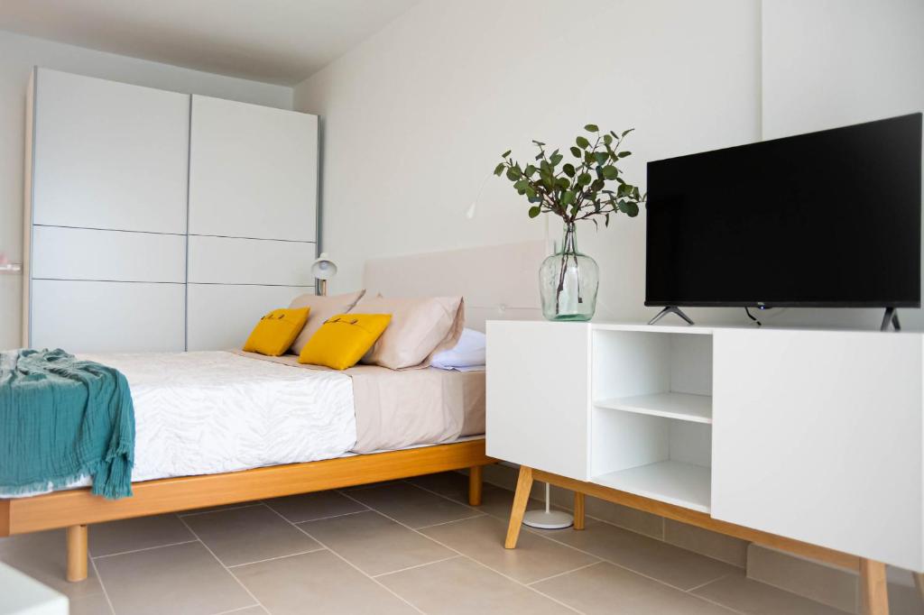 a bedroom with a bed and a tv on a cabinet at Over Open Sea Apartment in Icod de los Vinos