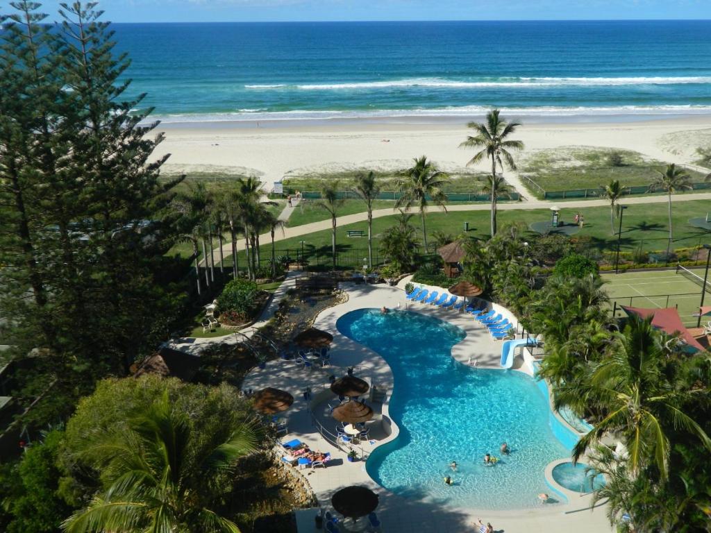 an aerial view of a water park with a beach at Royal Palm Resort on the Beach in Gold Coast