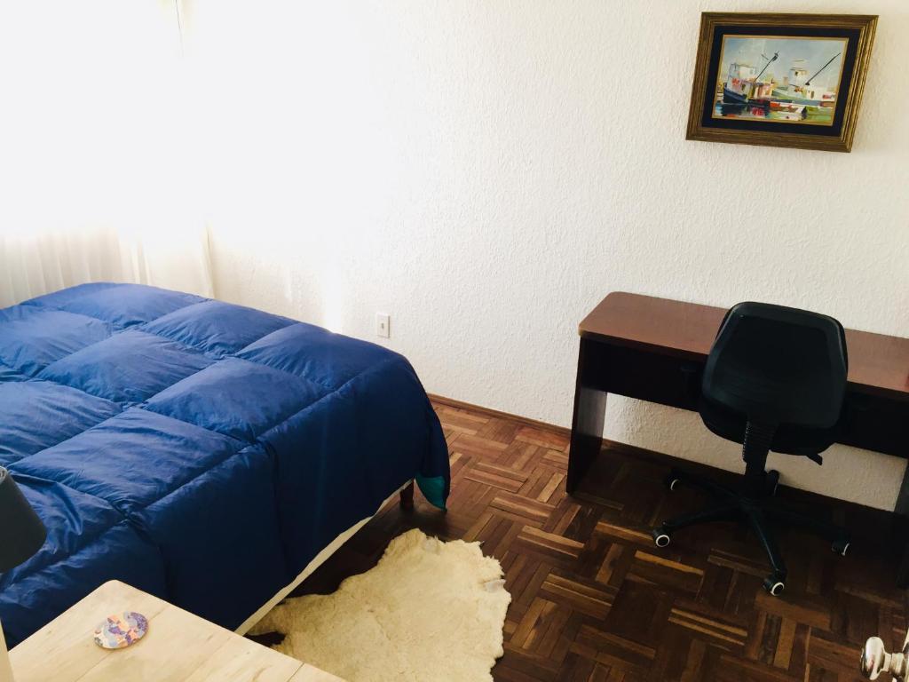 1 dormitorio con cama, escritorio y silla en Penthouse Malva Rosa, en Montevideo