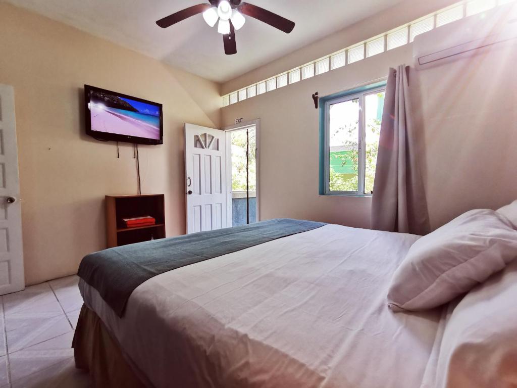 a bedroom with a large bed and a flat screen tv at BELIZE TROPICAL DREAM VILLAS in San Pedro