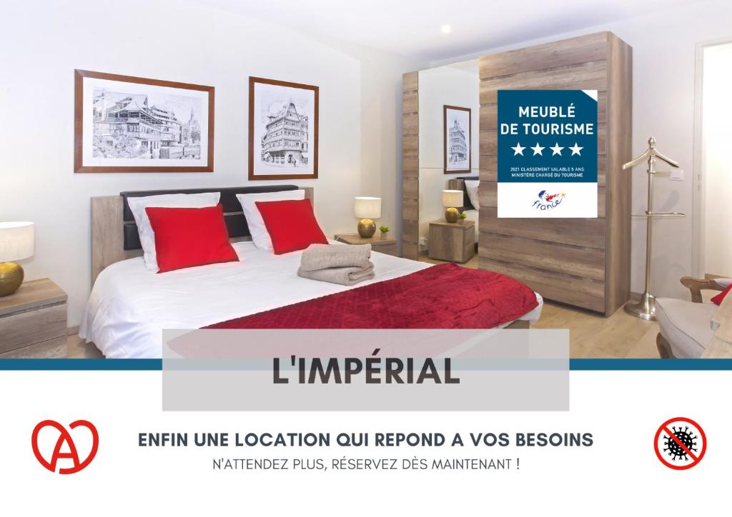 une affiche pour une chambre d'hôtel avec un lit et des oreillers rouges dans l'établissement Centre - L'Impérial - Parking, à Saverne