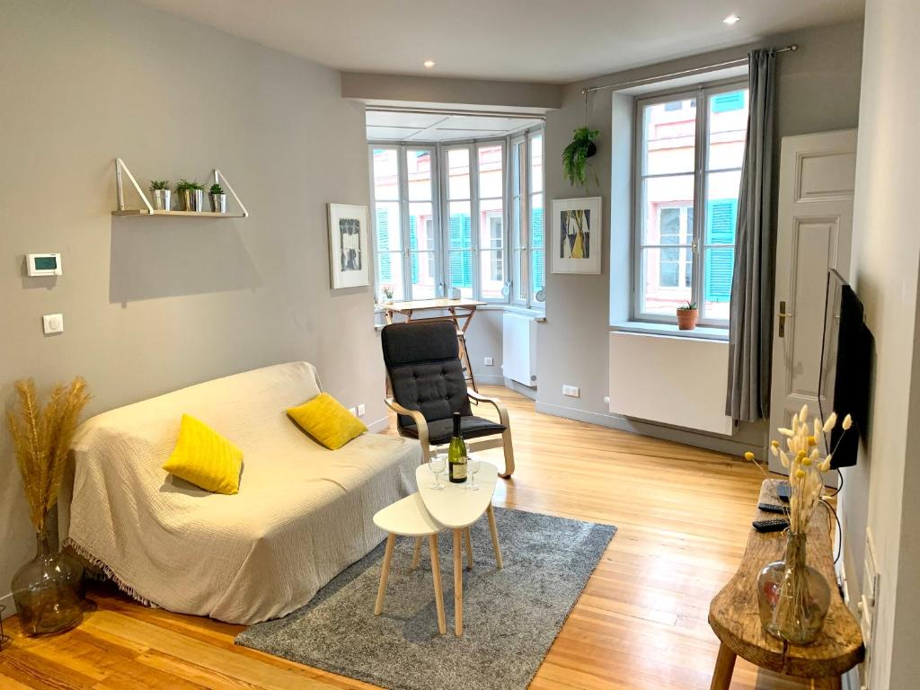 a living room with a bed and a chair in it at Appartement Hyper-centre Colmar in Colmar