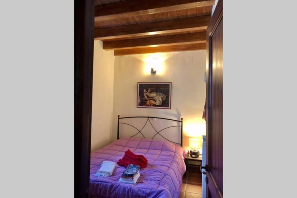 a bedroom with a purple bed in a room at Periklis Guesthouse Anavriti. in Sparta