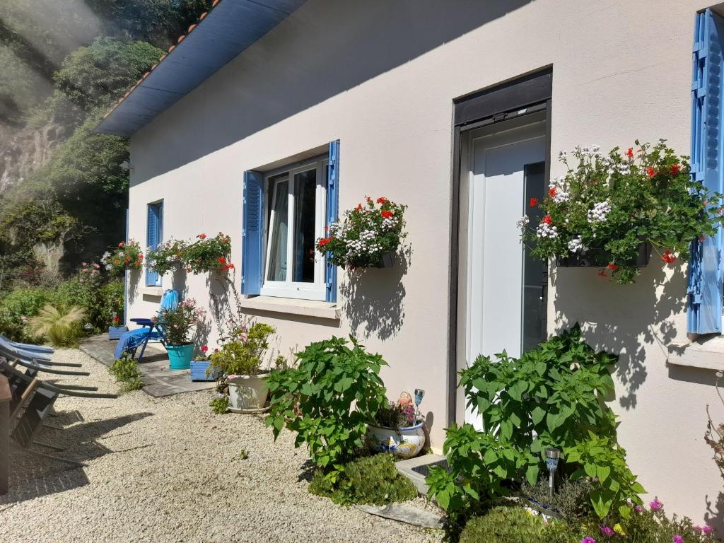 una casa con macetas en la puerta en la petite maison bleue, en Jugon Les Lacs