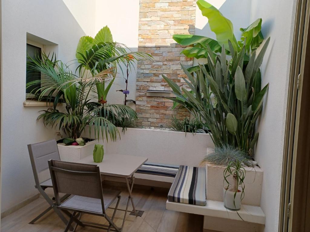 Villeneuve-de-la-RahoにあるRUE DU BACの室内に植物を配したテーブルと椅子