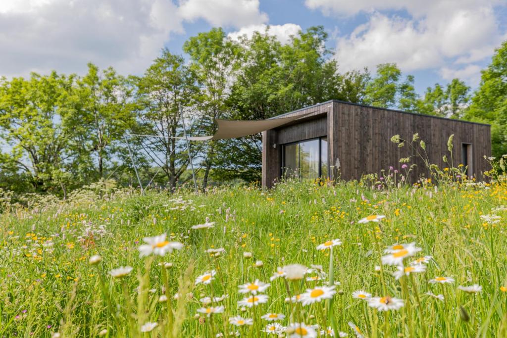 a small house in a field of flowers at Terre d'Horizon Auvergne in Chastreix