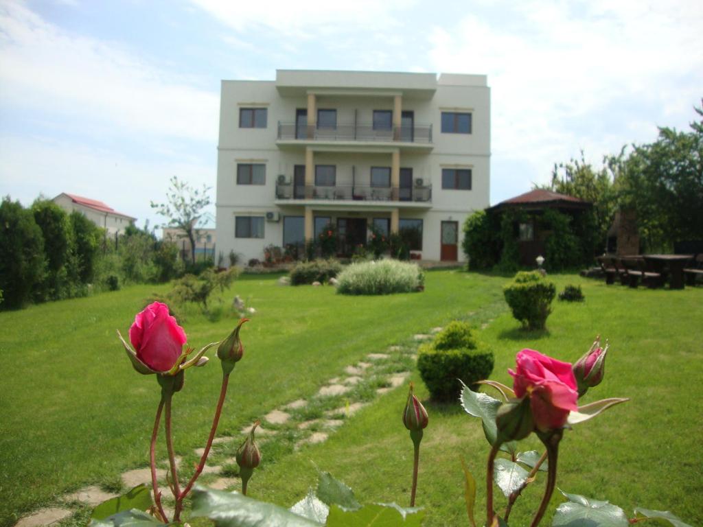 a building with pink flowers in front of a yard at Casa Lacul Sarat in Techirghiol