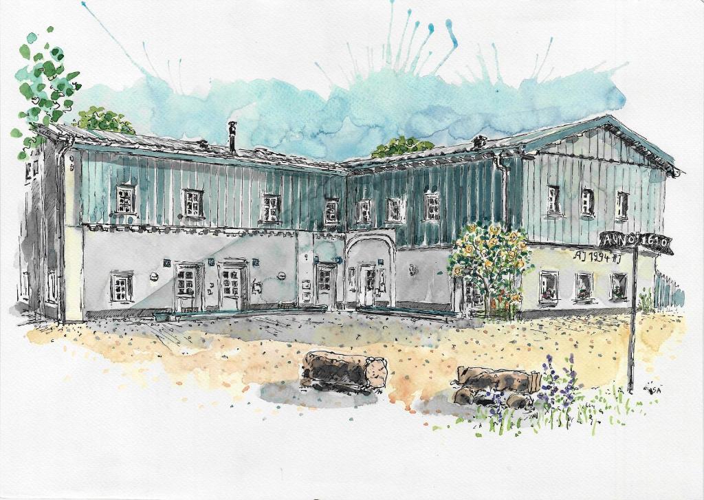 un dibujo de un edificio con dos vacas delante en Ferienscheune Juhlsgaard, en Husby