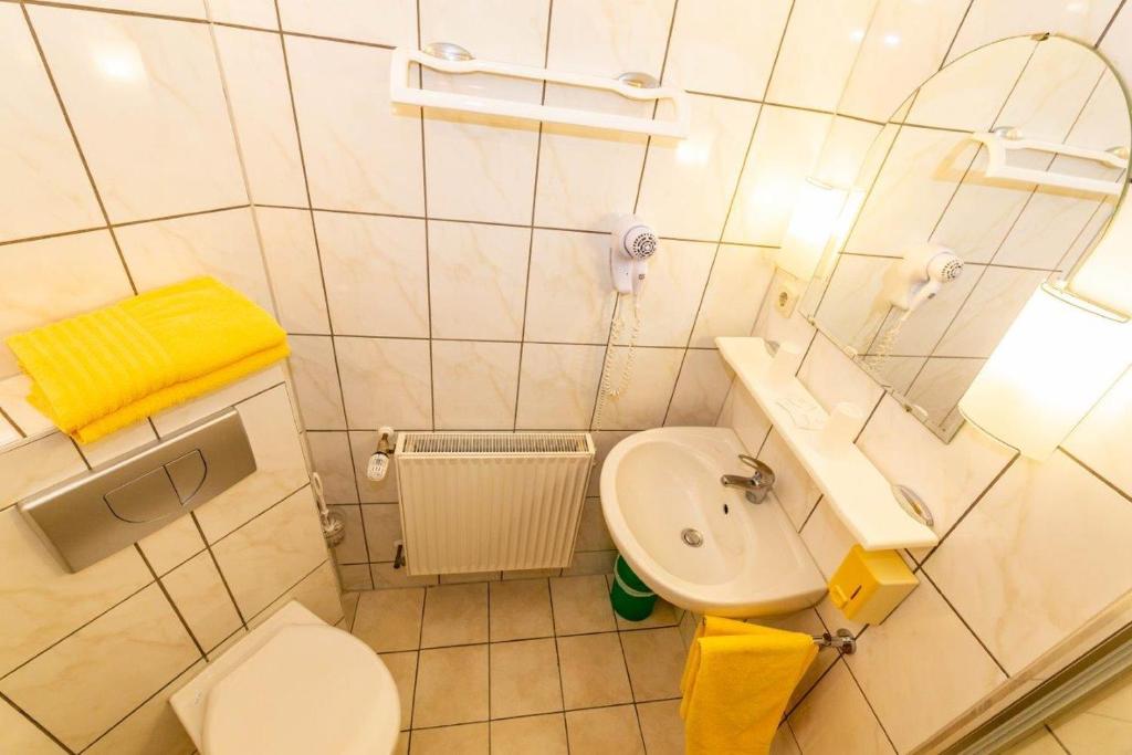 a small bathroom with a sink and a toilet at Hotel Spitzenhoernbucht in Wolgast
