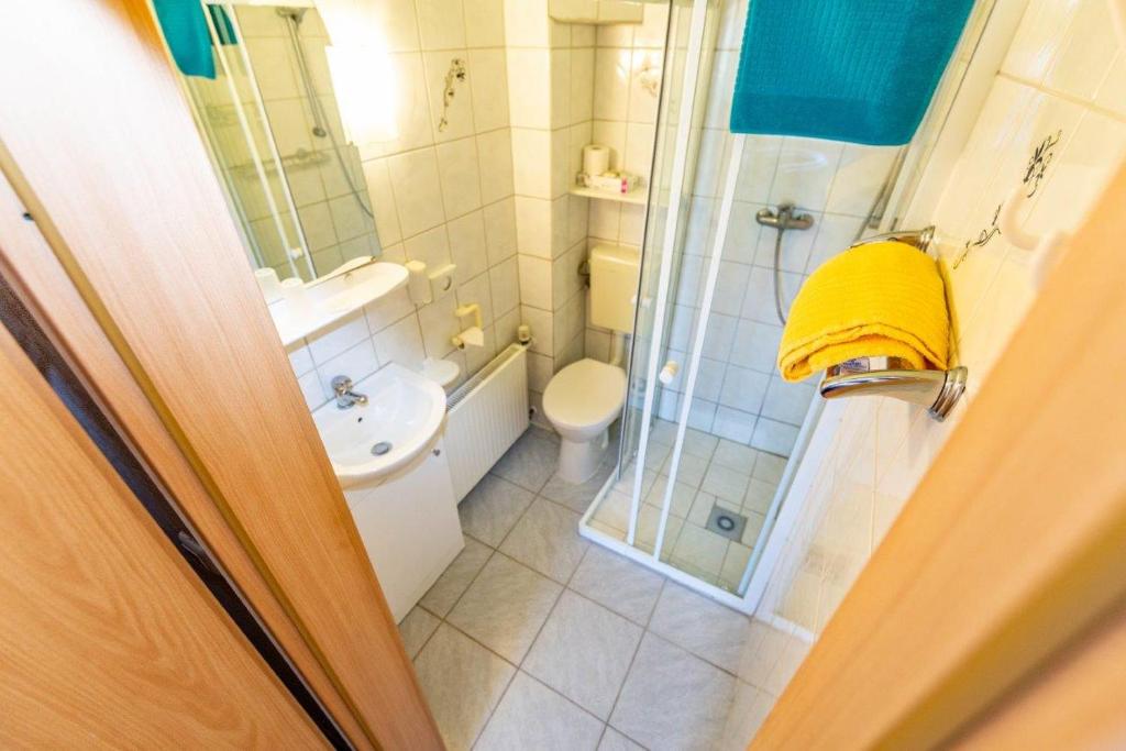 a bathroom with a shower and a toilet and a sink at Hotel Spitzenhoernbucht in Wolgast