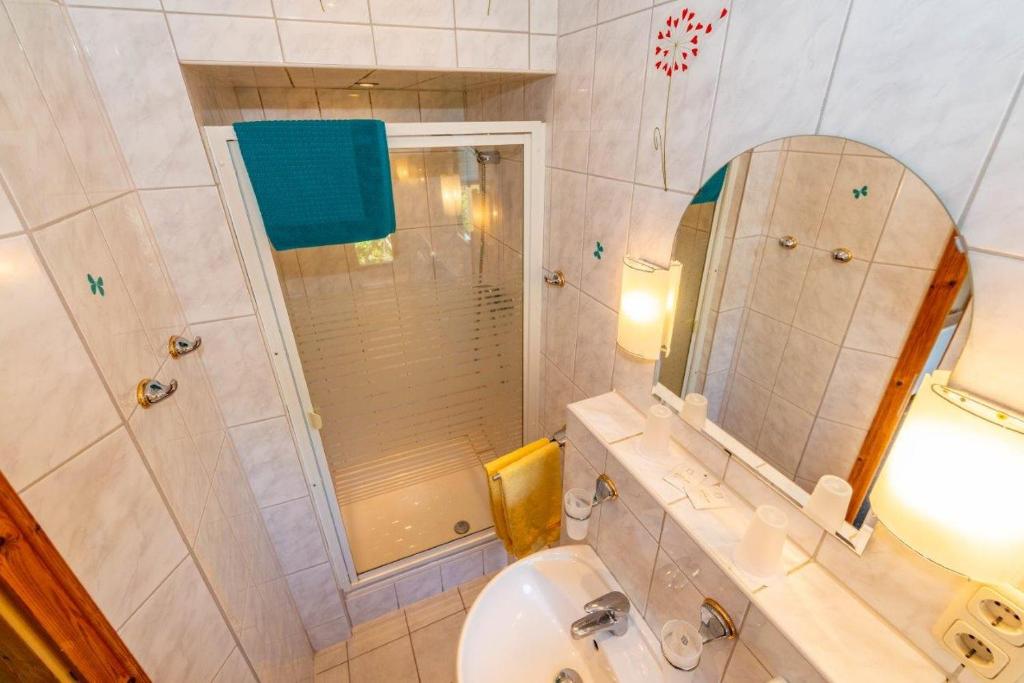 a bathroom with a shower and a sink and a mirror at Hotel Spitzenhoernbucht in Wolgast