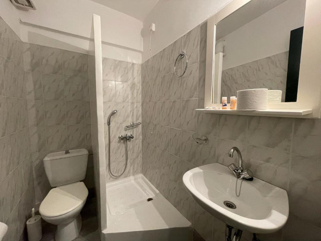 un bagno con wc, lavandino e doccia di Apollon Hotel a Methana
