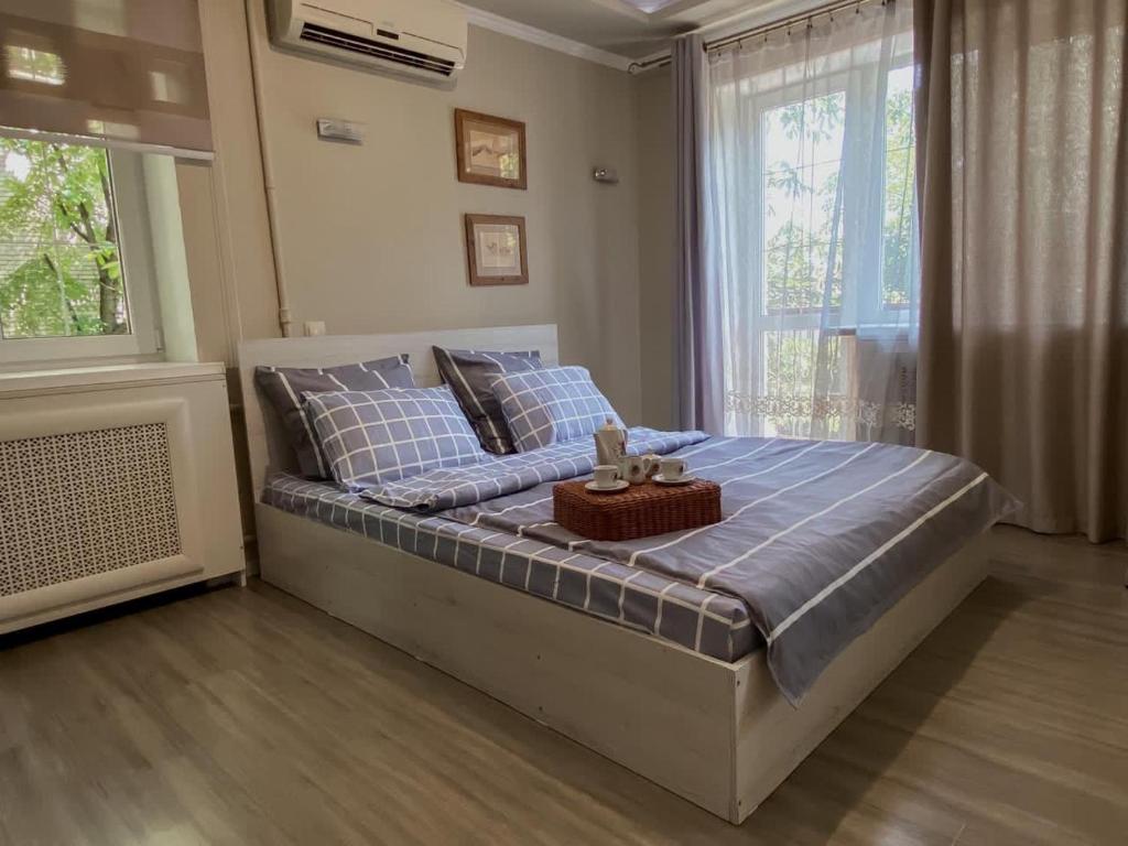 a bedroom with a large bed with blue pillows at Уютная квартира-студия в самом центре Пятигорска in Pyatigorsk