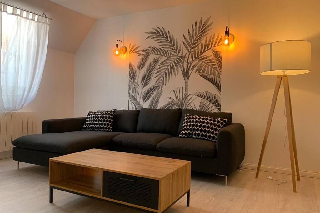 een woonkamer met een bank en een salontafel bij Sans-soucis en plein coeur d'Hautvillers in Hautvillers