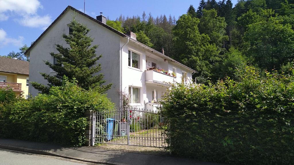 a white house with a gate in front of it at Steinatal in Bad Sachsa