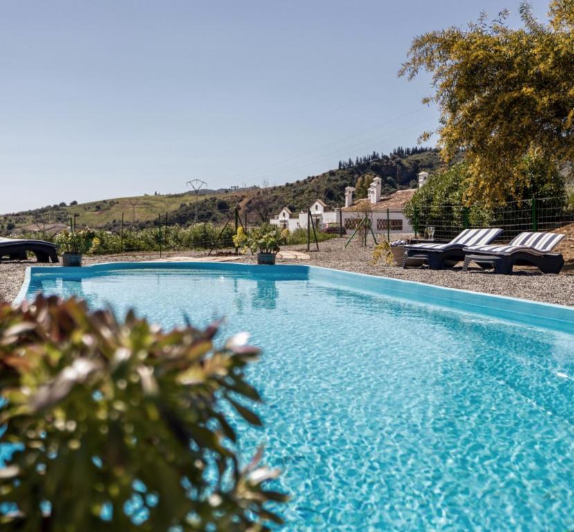 een groot blauw zwembad met twee stoelen in een tuin bij Casa Grande / Rosas Cantares in Pizarra