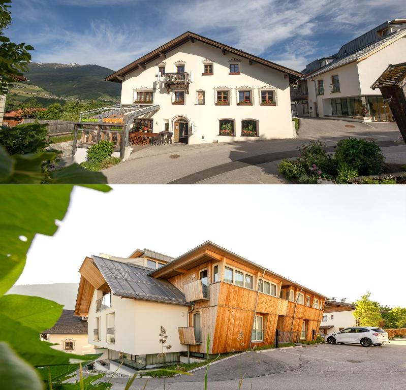 dos fotos de una casa antes y después de ser remodelada en Hotel Gasthof Handl, en Schönberg im Stubaital