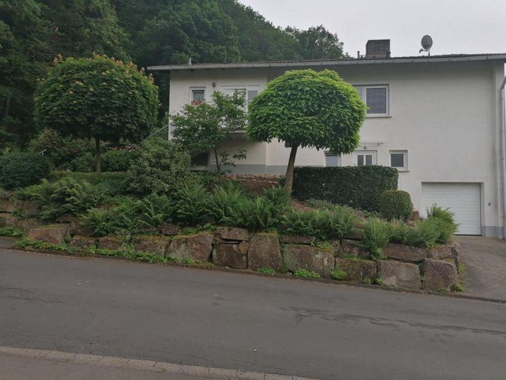 a house with a yard with bushes and trees at Ferienwohnung Roder in Marburg an der Lahn