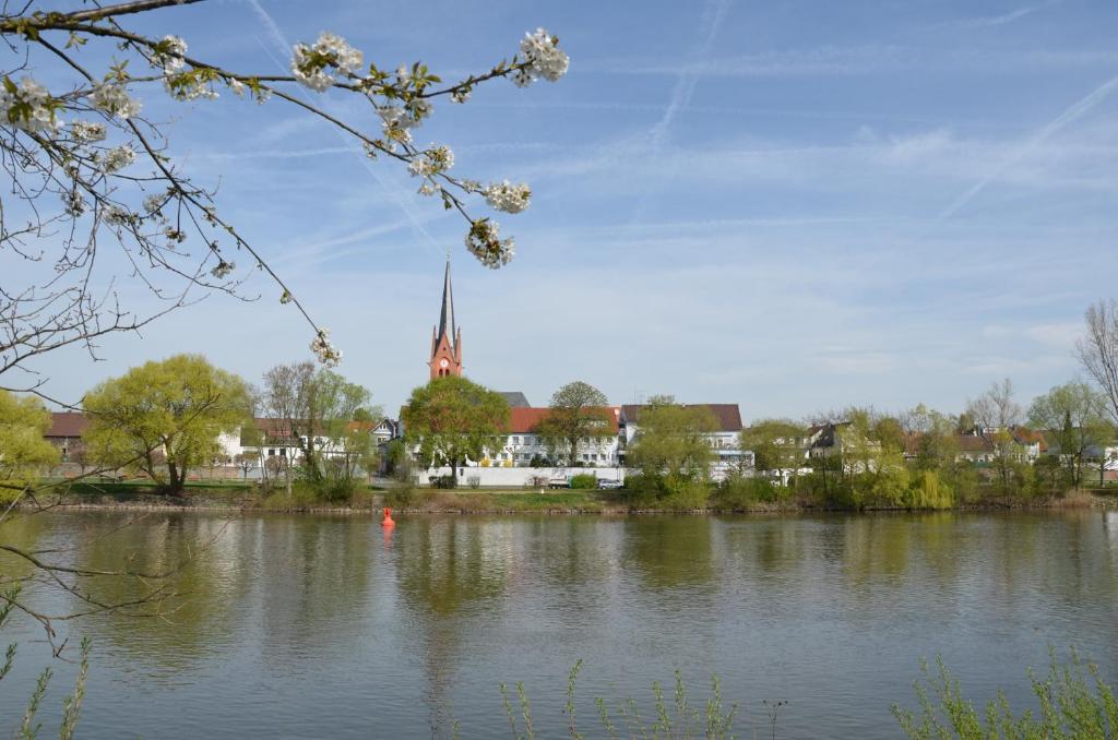 a view of a river with a town and a church at Hotel Restaurant Zum Schiffchen in Maintal