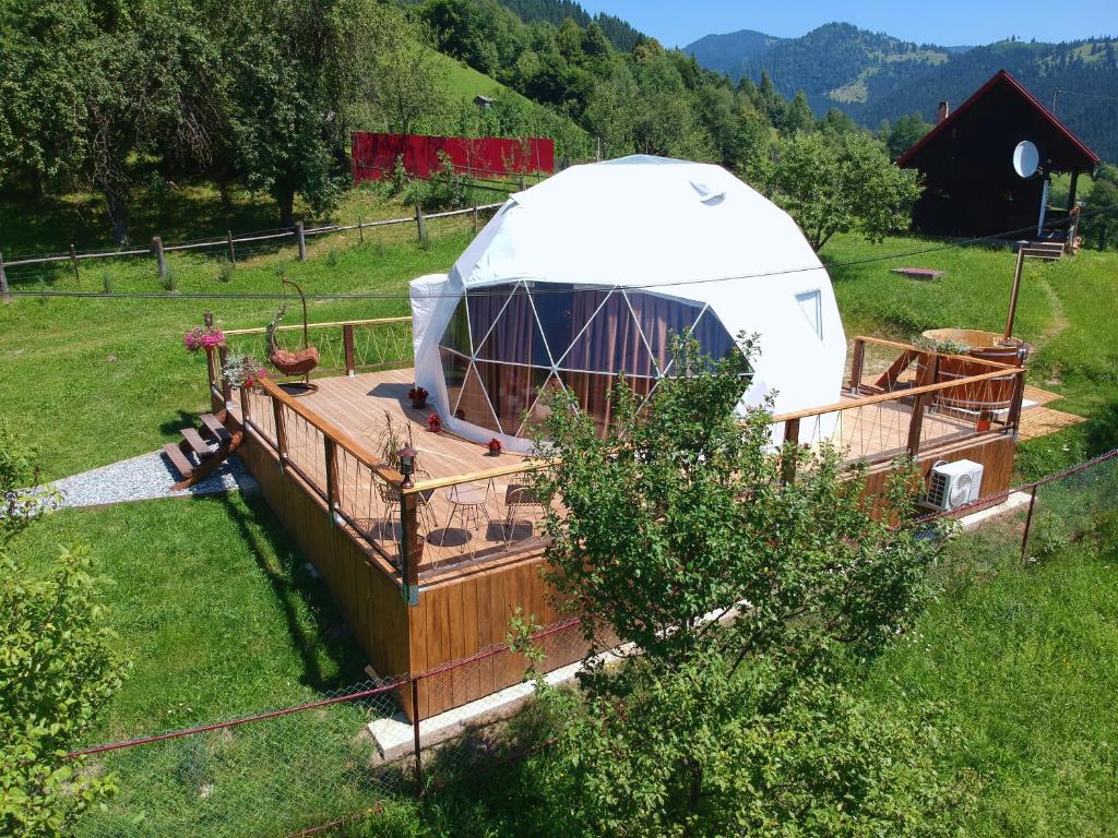 a yurt in a field with a fence at Glamount in Fărcaşa