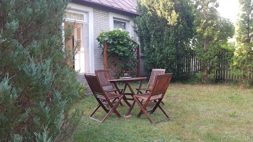una mesa y sillas en el patio trasero de una casa en Domek na wsi en Długosiodło