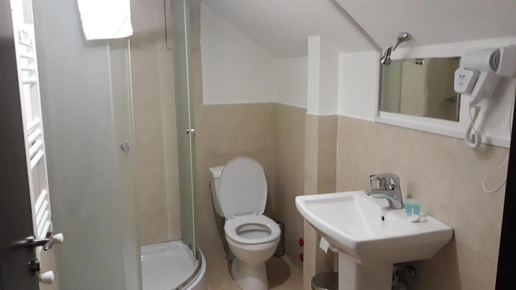 un bagno con wc, lavandino e doccia di Hotel Chubu a Mestia