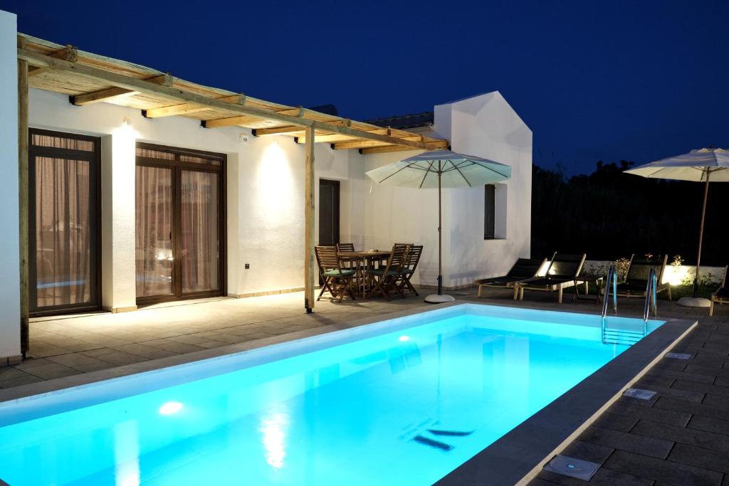 a swimming pool in front of a house at night at Villas Meraki in Parga