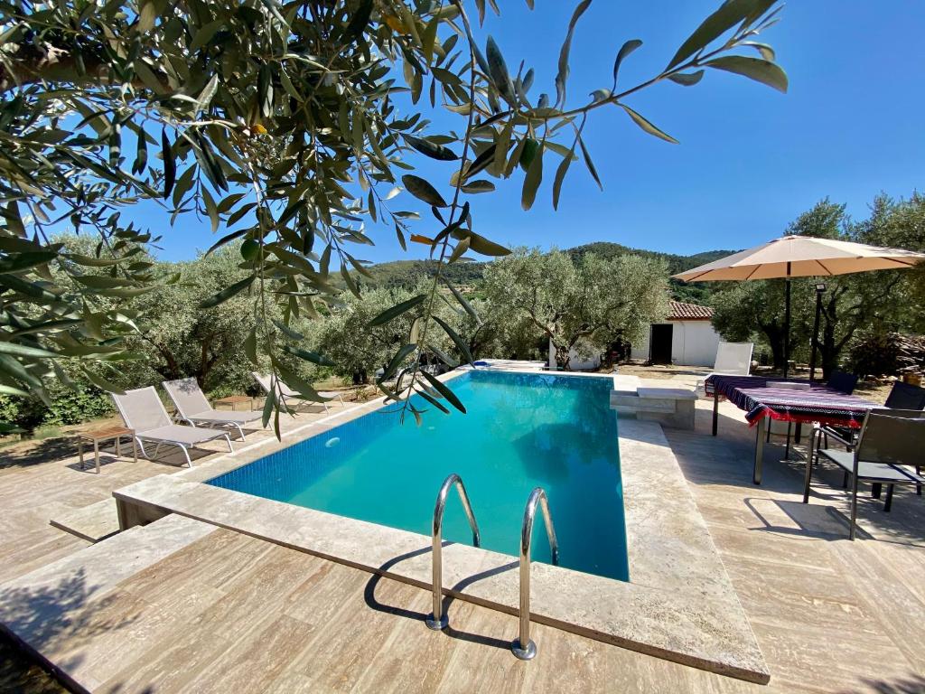 a pool with a table and chairs and an umbrella at Lamin House in Sirince