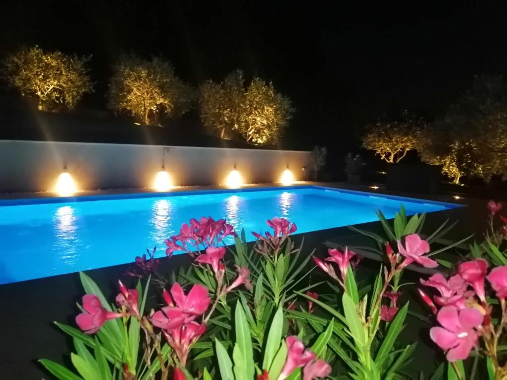 a pool at night with lights in the background at Villa Viktor in Labin