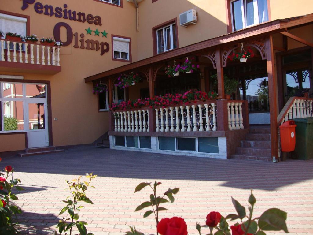 - un bâtiment avec un balcon fleuri dans l'établissement Pensiunea Olimp, à Arad