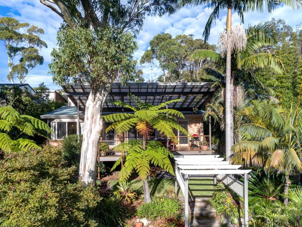 a house surrounded by trees and palm trees at The Sanctuary at Greenfield Beach by Experience Jervis Bay in Vincentia