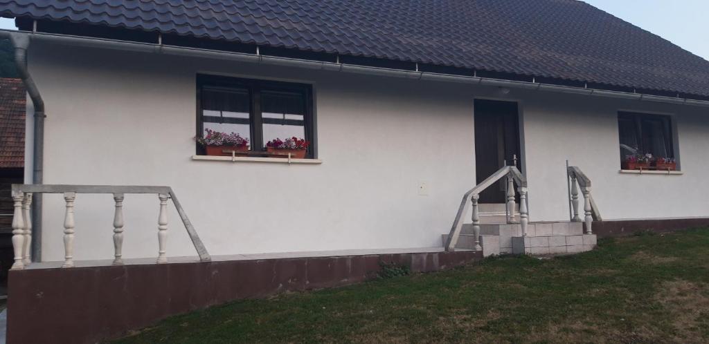 BučeにあるFrancek house Podčetrtekの窓が2つあり、花が咲く白い家